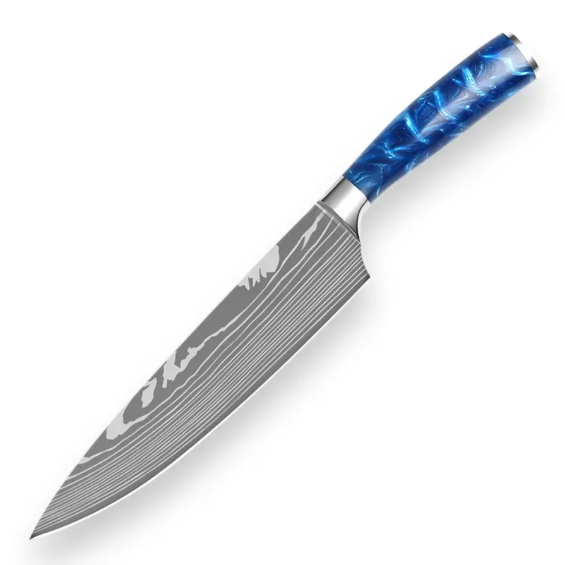 Couteau de chef japonais de 8 "avec poignées en résine bleu émeraude et motif laser damas, lames extrêmement tranchantes