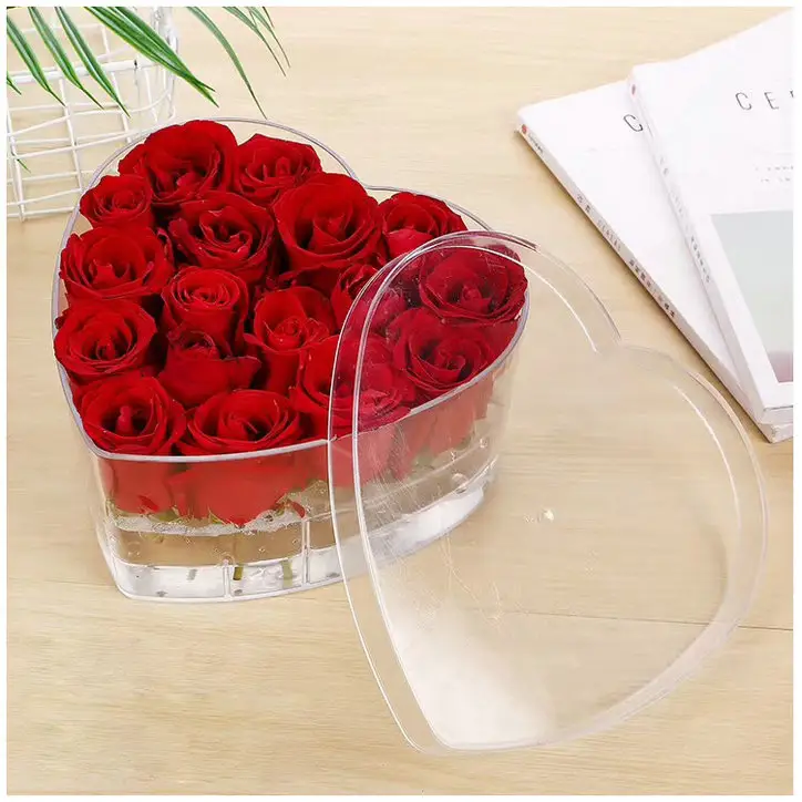 Caixa de exibição de flor de rosa acrílico, formato de coração, transparente