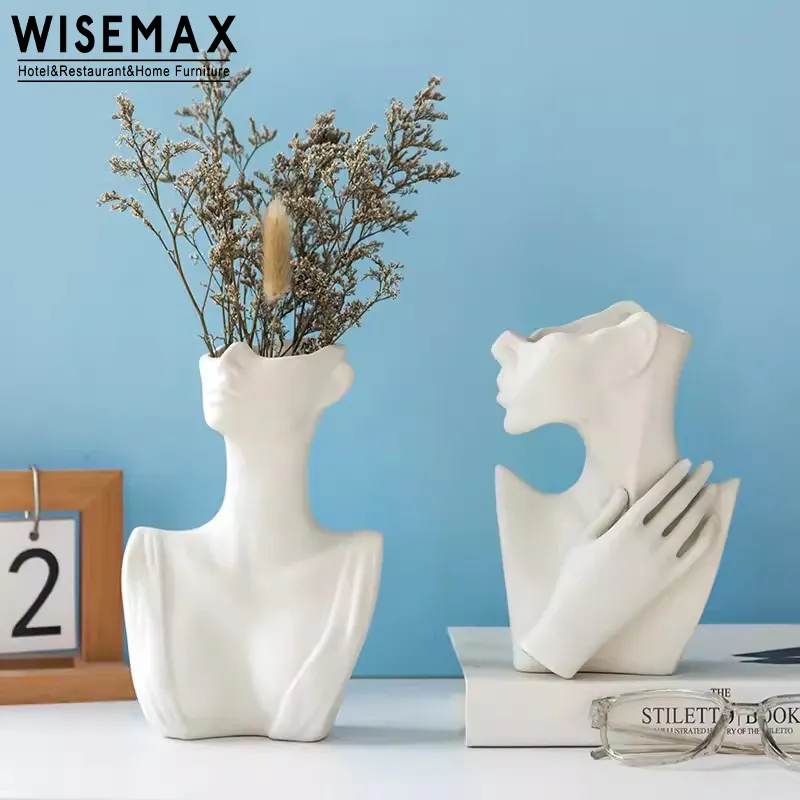 WISEMAX FURNITURE Modern Minimalist White Ceramic Figure Decorative Flower Vase For Home Table Decor