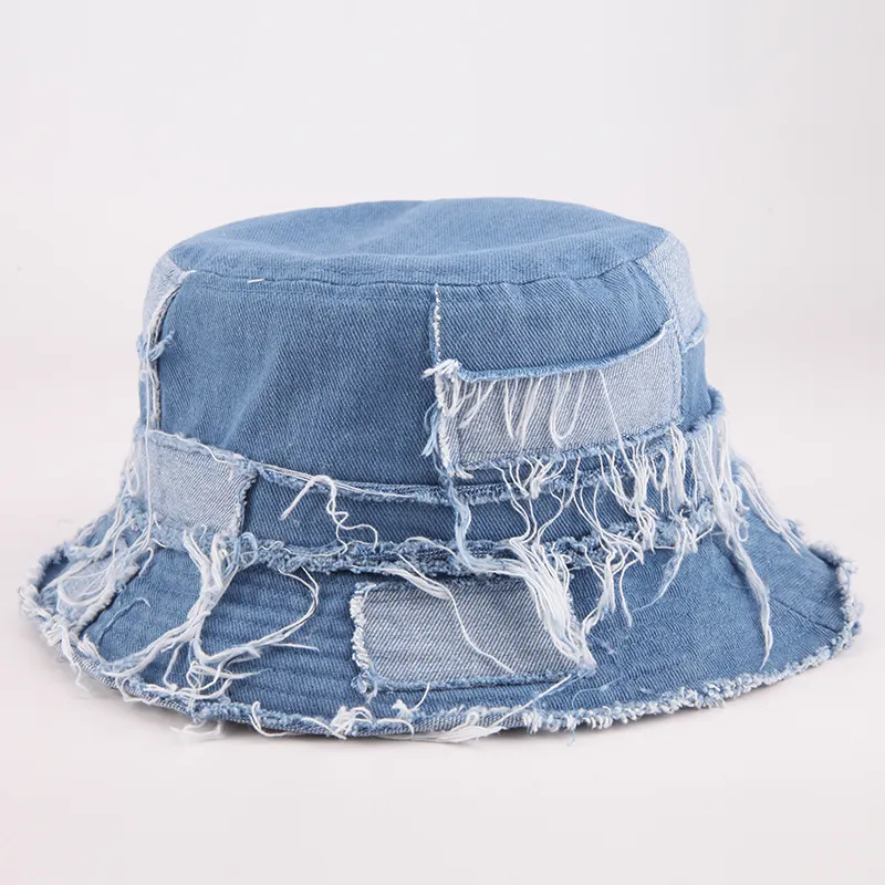 Custom Plain Jean Washed Distressed Denim Bucket Hat Custom Logo Vintage Fisherman Cap