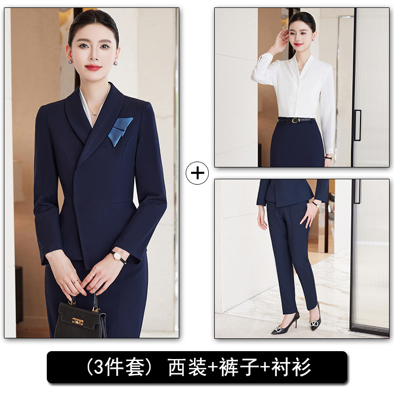 Blue suit pants and white shirt