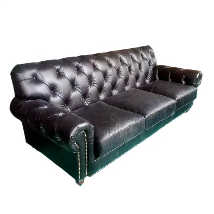 Set Sofa furnitur Sofa hitam antik ruang tamu mewah Chesterfield 31 kulit Top Grain kulit 1 buah kulit asli