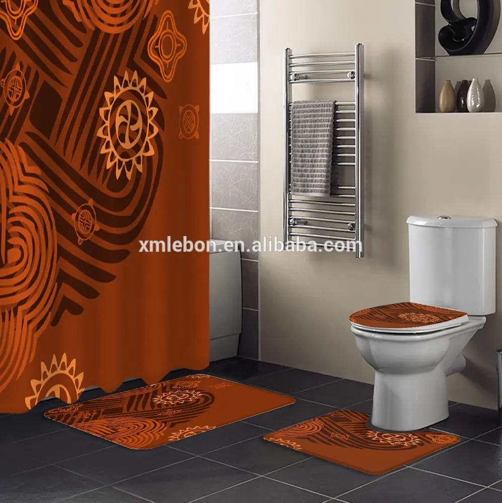 Juego de alfombrillas de lujo para baño, cortina de baño multifuncional, diseño africano dorado