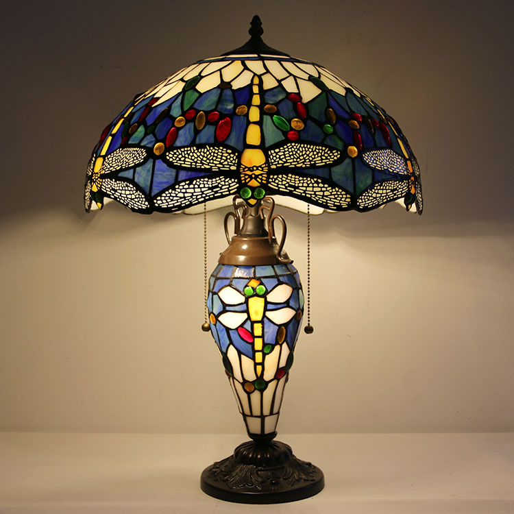 LongHuiJing 16Inch Tiffany-style Blue Dragonfly Table Lamp with Lighted Base