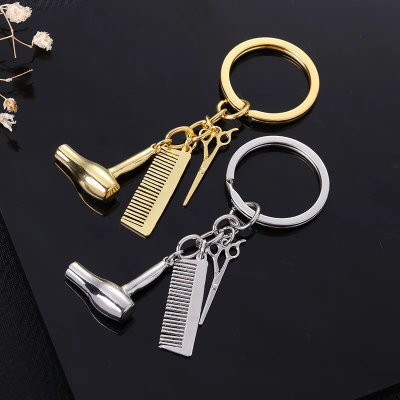 Barber Shop Tools Key Ring Hair Dryer Scissors Comb Pendants Simulation Keychain Dresser Present Hairdresser Gift