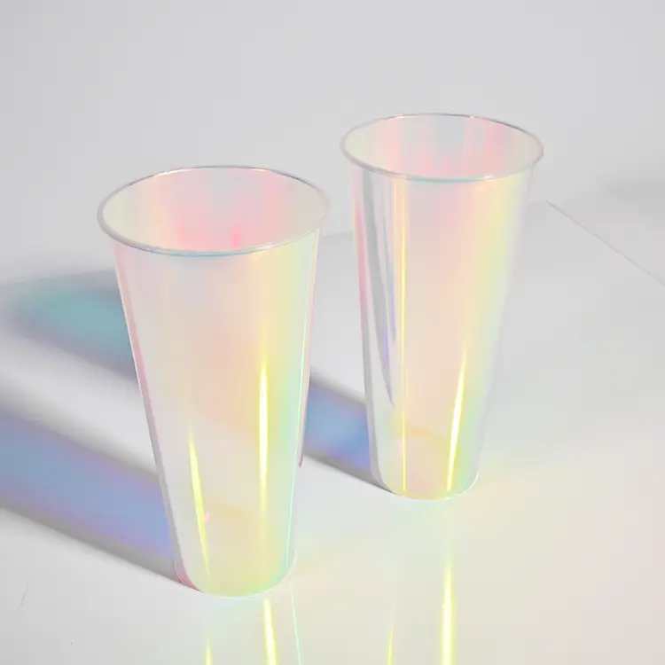 Plástico Cor Mudando Copos Baixo Preço Laser 16 Oz Beverage Clear Personalização Rainbow Film Bubble Tea 90mm Cup