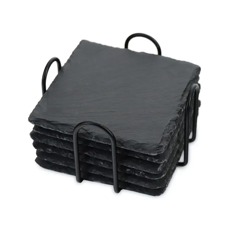 Set of 6 Slate Coaster Custom Black Slate Natural margin Coaster EVA non-slip mat With Metal Holder