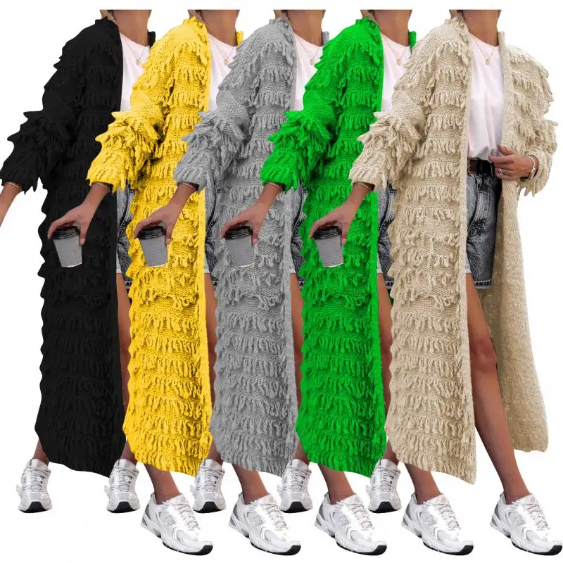 2023 новый осенне-зимний однотонный длинный кардиган модный свитер с кисточками пальто Женский вязаный кардиган женские пальто