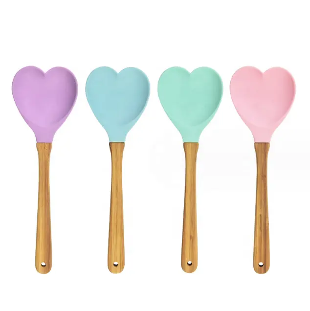 Spatule en silicone en forme de coeur avec manche en bois pour la Saint-Valentin bon marché pour la cuisson et la pâtisserie