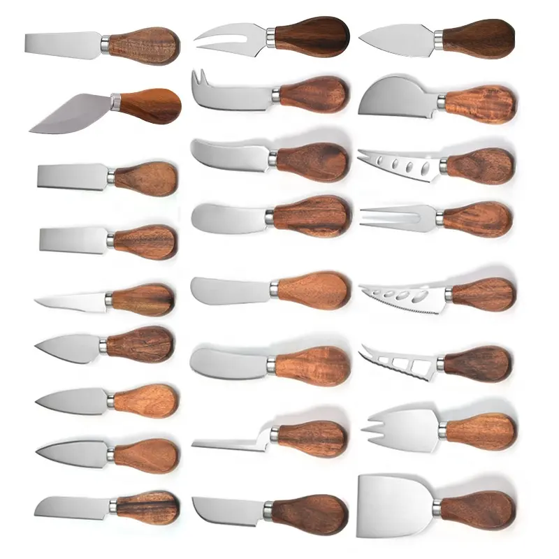 स्टेनलेस स्टील छोटे पत्ती बबूल पनीर चाकू लकड़ी के हैंडल के साथ संकीर्ण फ्लैट चाकू, पनीर कांटा, छोटे रंग पाक बर्तन