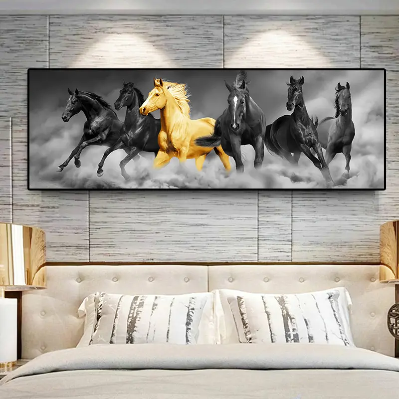 Home Decoração Frame Corrida Preto e Ouro Cavalo Animais Ouro Posters Prints Imagem lona pintura parede arte abstrato cavalo