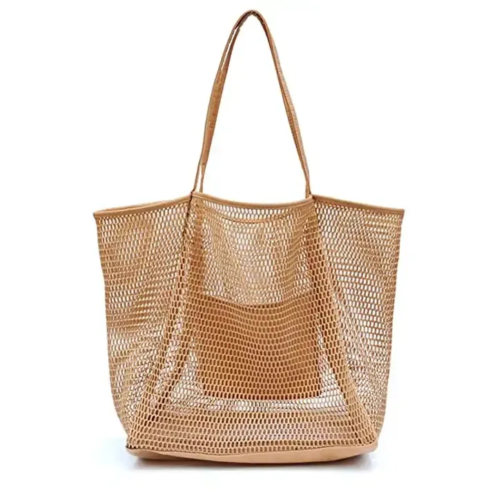 Boho toptan sıcak satış ekstra büyük katlanabilir naylon cep çanta ile örgü askılı çanta yaz açık plaj çantası kadınlar için
