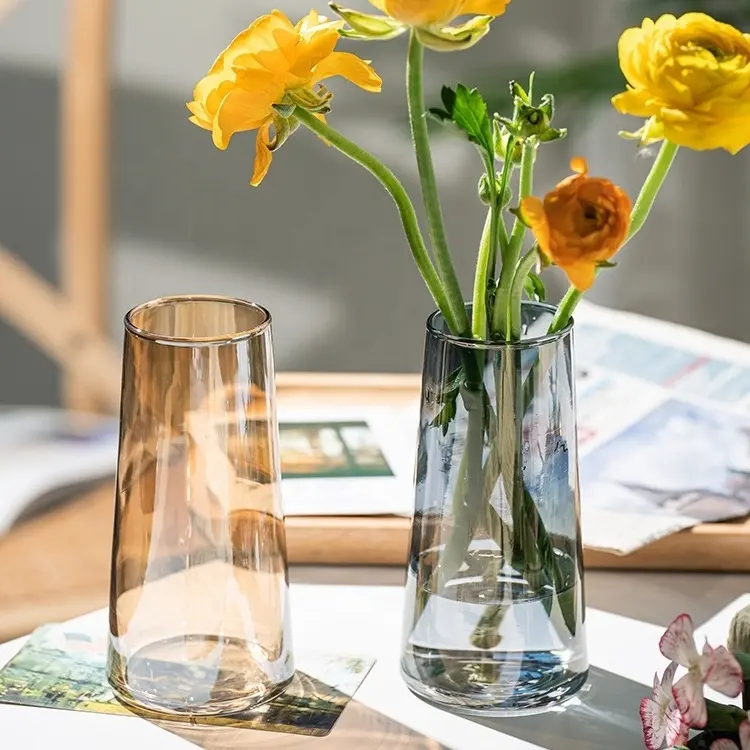 Vase d'arrangement de fleurs hydroponiques en verre transparent, vente en gros, décoration de table, vases coniques de couleur pour la décoration