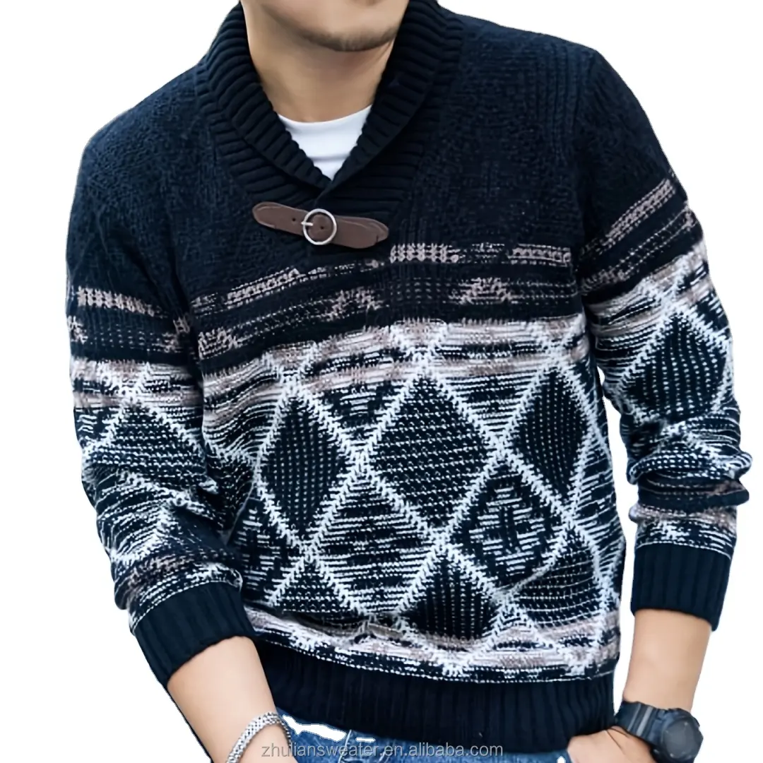 Suéter jacquard de manga comprida com gola xale masculina tamanho grande personalizado outono e inverno com cinto de couro decorativo