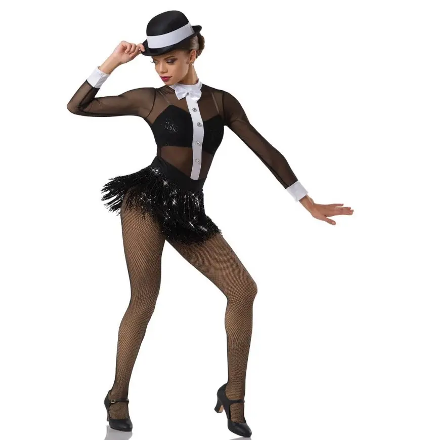 Fantasia sexy preta para dança do jazz, atacado, vestido frindge para mulheres