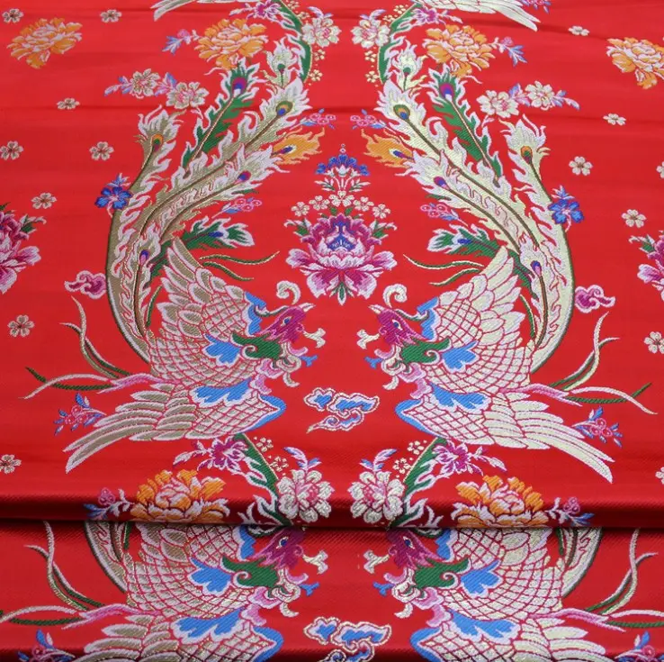 Venta al por mayor chino clásico Phoenix diseño tela de brocado bordado Jacquard para textiles para el hogar de la boda de tela
