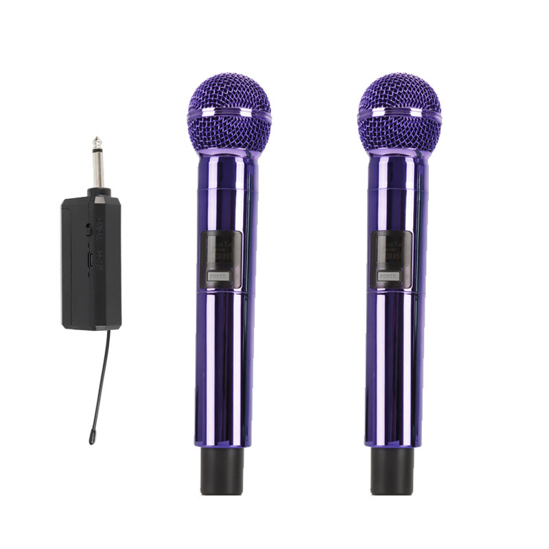 A dual-channel wireless microphone in vibrant electroplated purple.