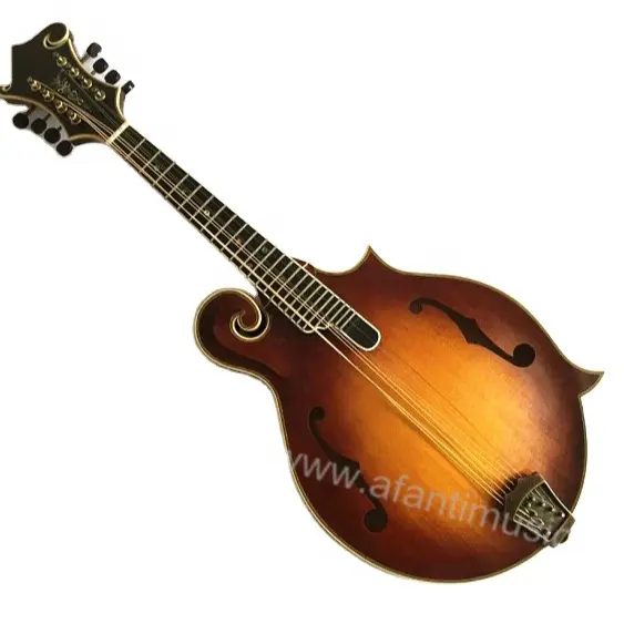 Afanti hecho a mano, cuerpo de madera maciza, tapa de abeto con parte posterior de arce flameado sólido y guitarra de mandolina F Sunburst lateral