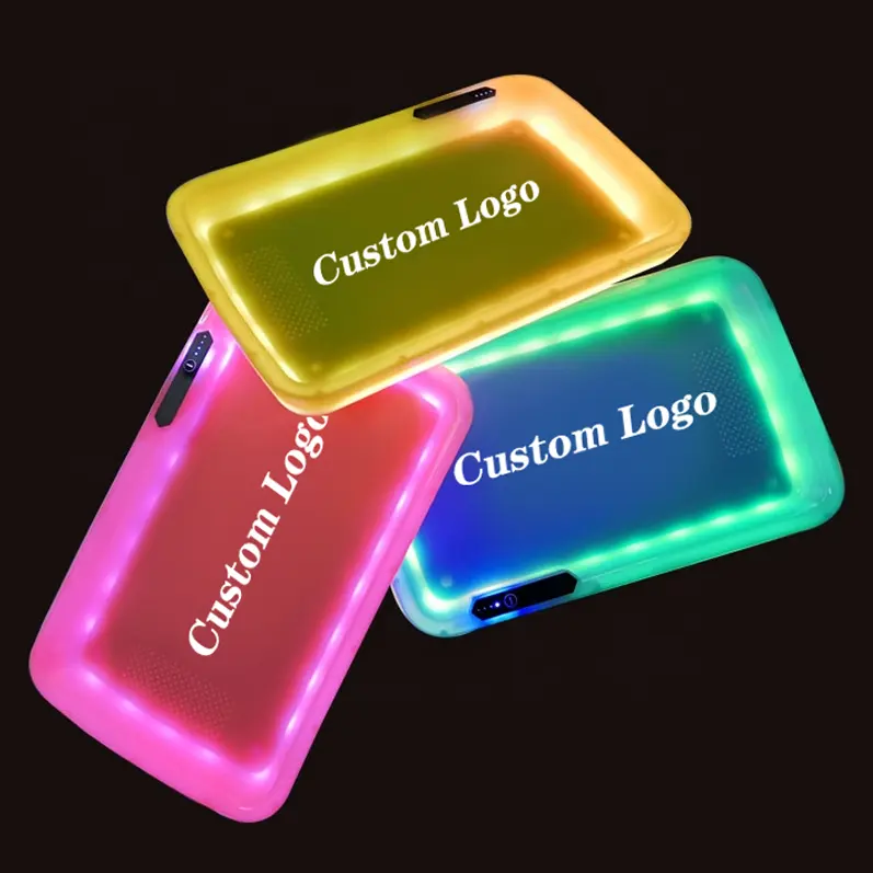 Free sample custom logo led rolling tray glow in the dark light up tray chargeable plastic serving tray