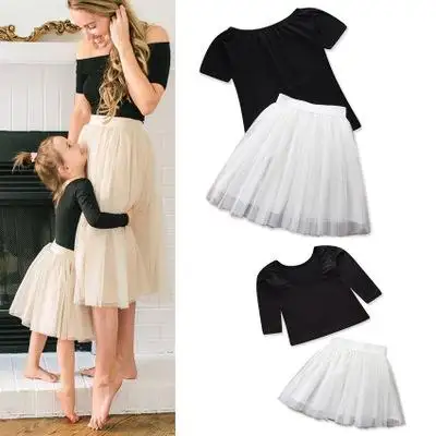 Summer Mother And Daughter Baby Short Sleeve Cotton Backless T-shirt +Tutu Skirt Tulle Family Outfits Clothes Set Costume