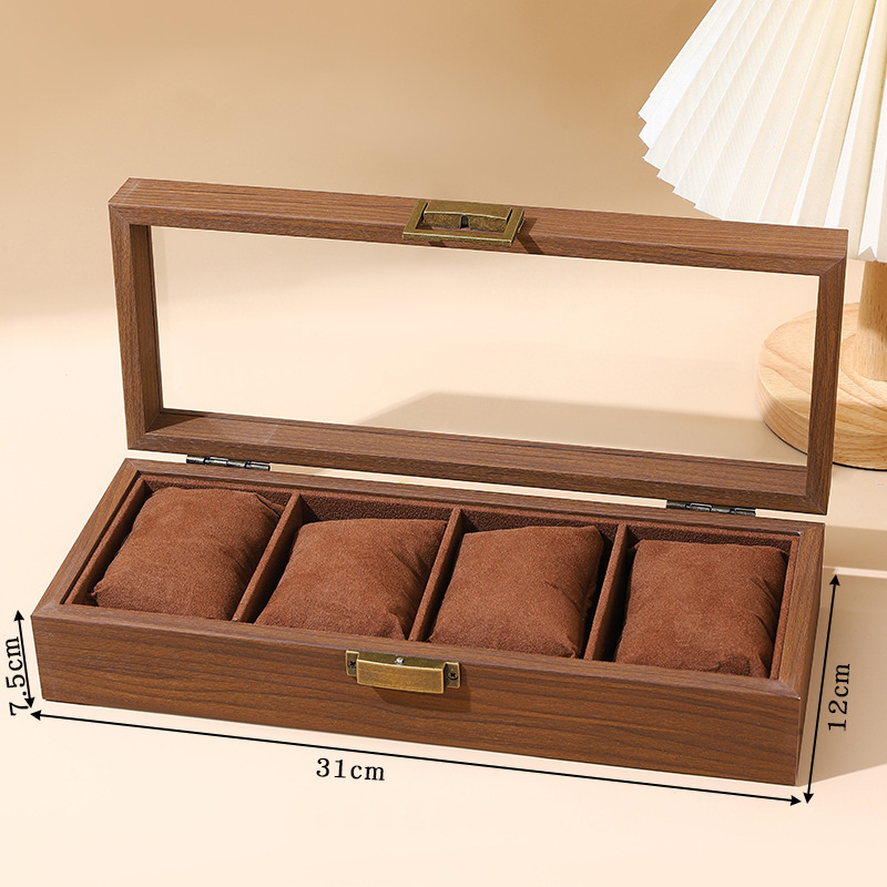 Caja para reloj de 4 dígitos con diseño de madera de nogal y almohadilla de terciopelo.