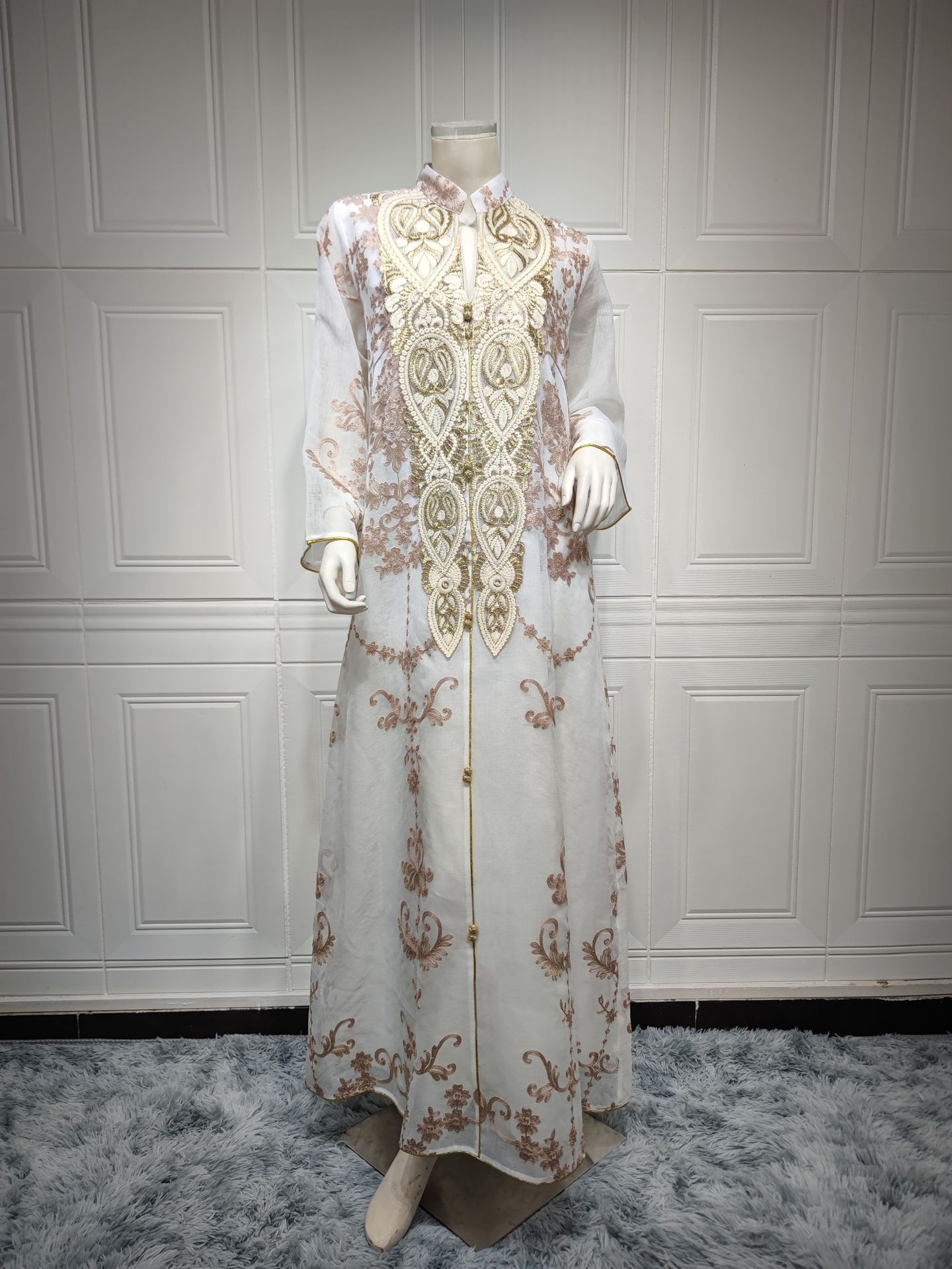 Dubai Arab Eid Al Fitr Middle East Gold Sequin Floral Embroidered Muslim Woman White Yarn Jalabiya Maxi Long Knee Length Dress