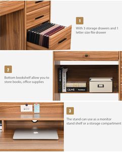 Escritorio para ordenador con cajones y aparador Escritorio para oficina en casa con cajón de archivos, mesa de estudio para lugares pequeños - Product Image 6