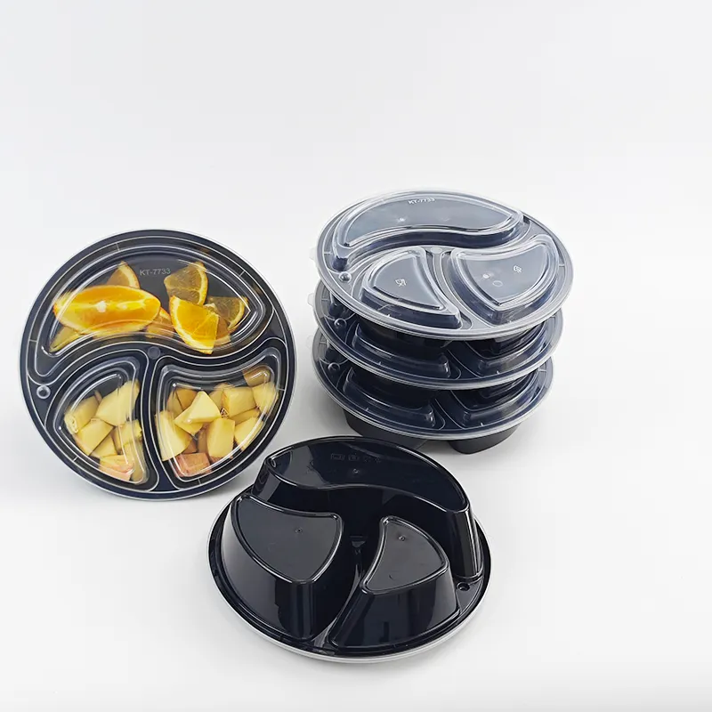 1000 मिलीलीटर 34 ऑउंस टू गो कंटेनर गोल आकार 3 डिब्बे खाद्य कंटेनर डिस्पोजेबल साफ़ भोजन तैयारी कंटेनर लंच बॉक्स