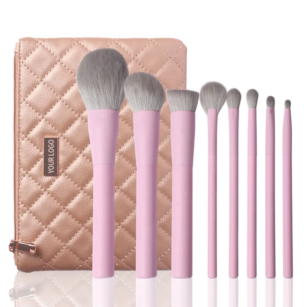 Contour abgewinkelte Grausamkeit Free Logo Anfänger Eye Blending 8 Stück Hot Sale Foundation Rosa Make-up Pinsel Set mit Fan Brush PU Bag