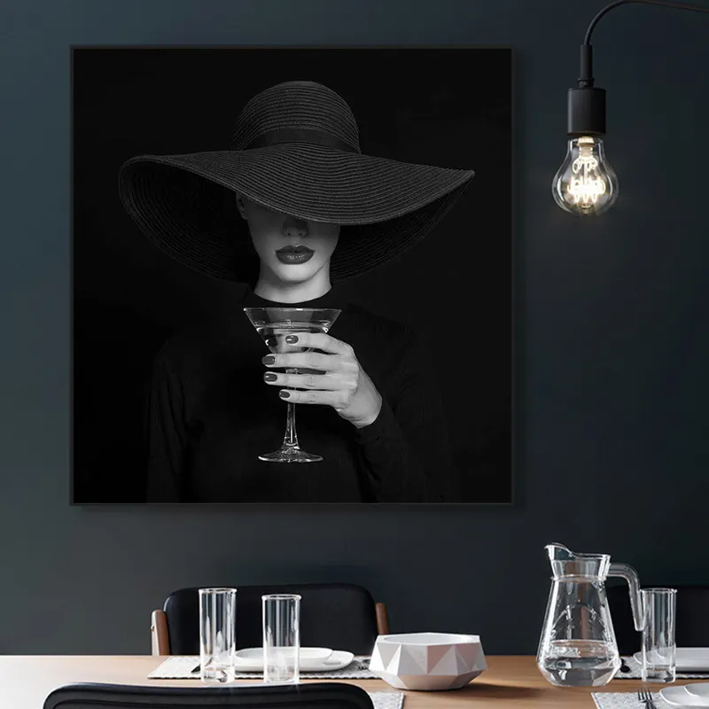 الجنس امرأة مع قبعة عقد كأس للنبيذ الفن التجريدي الجسم الفن قماش اللوحة المشارك و طباعة صور فنية للجدران للمنزل ديكور