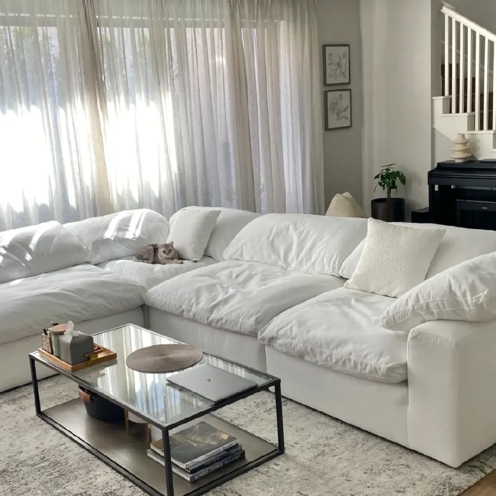 Sofa kain warna putih nyaman kualitas tinggi set sofa dengan bagian-bagian modular sudut berbentuk L sofa awan