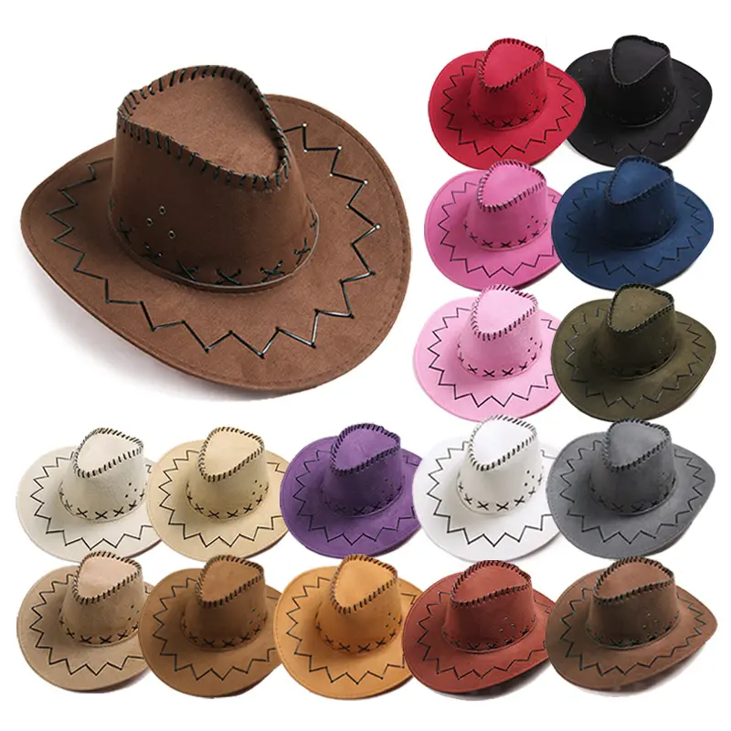 Sombrero de vaquero de ala grande de ante barato para hombre, sombrero de vaquero occidental de moda de ala ancha con línea para suministros de fiesta de Halloween