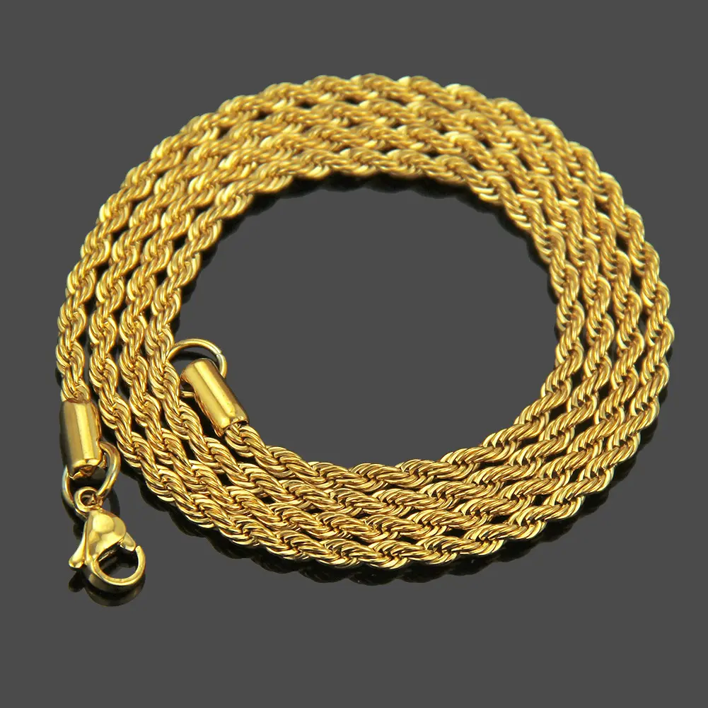 Hip hop punk colar feminino, colar de ouro, cor de ouro 3mm, aço inoxidável, corda torção, corrente para mulheres e homens
