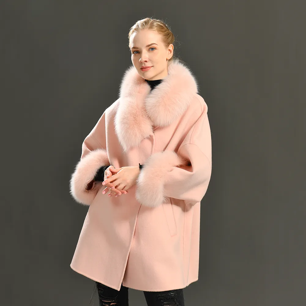 Toptan yumuşak kaşmir ceket pelerin gevşek tarzı güz lüks çıkarılabilir gerçek tilki kürk yaka kadınlar için özel kış sevimli yün ceket