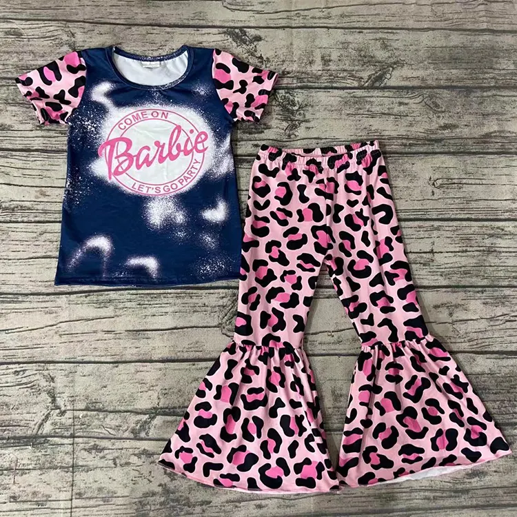 Camisa blanqueada de dos piezas para niñas pequeñas, pantalones con fondo de campana de leopardo, conjuntos de ropa de boutique, nuevo estilo, 2021