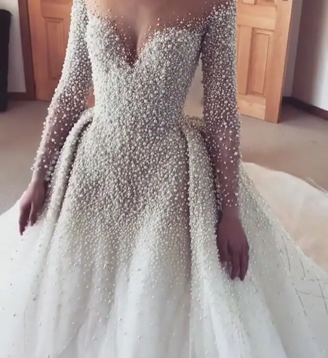Vestido de boda desmontable con cuentas de perlas, de lujo, árabe, Dubai, manga larga
