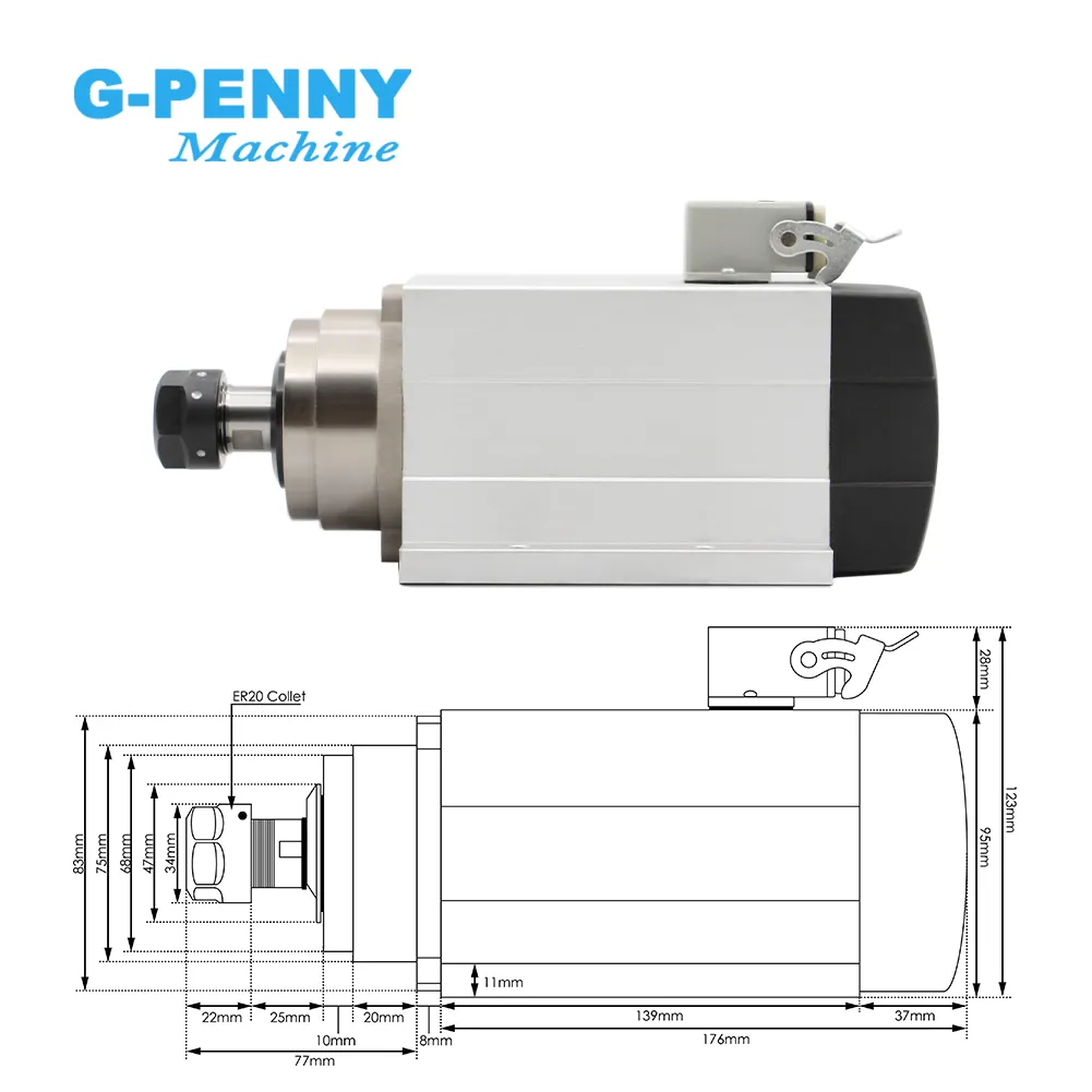 Kustomisasi 1,5 kW ER20 motor spindel berpendingin udara dengan flens tipe persegi motor spindel berpendingin udara