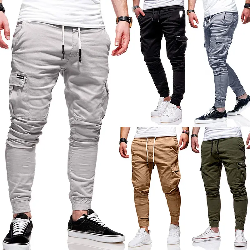 Logotipo personalizado Hombres Jogger Pantalones Algodón Blanco Pantalones de chándal 6 bolsillo Cargo Track Pant Hombres