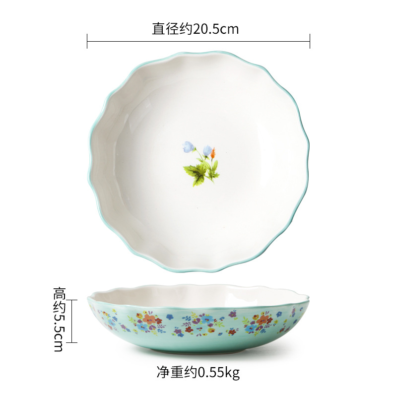 Fleur vert bord incurvé 8 pouces assiette profonde (20,5 cm) j-250