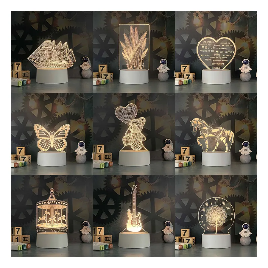 Nuovo Design creativo regalo Usb acrilico lampada da notte 3d Led luce notturna regali di nozze per gli ospiti