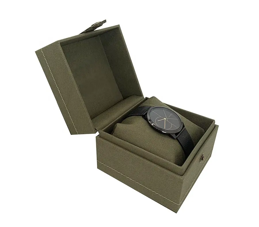 Kotak kemasan jam hijau Linen desain inovatif kotak kosong jam tangan tunggal kustom dengan Logo
