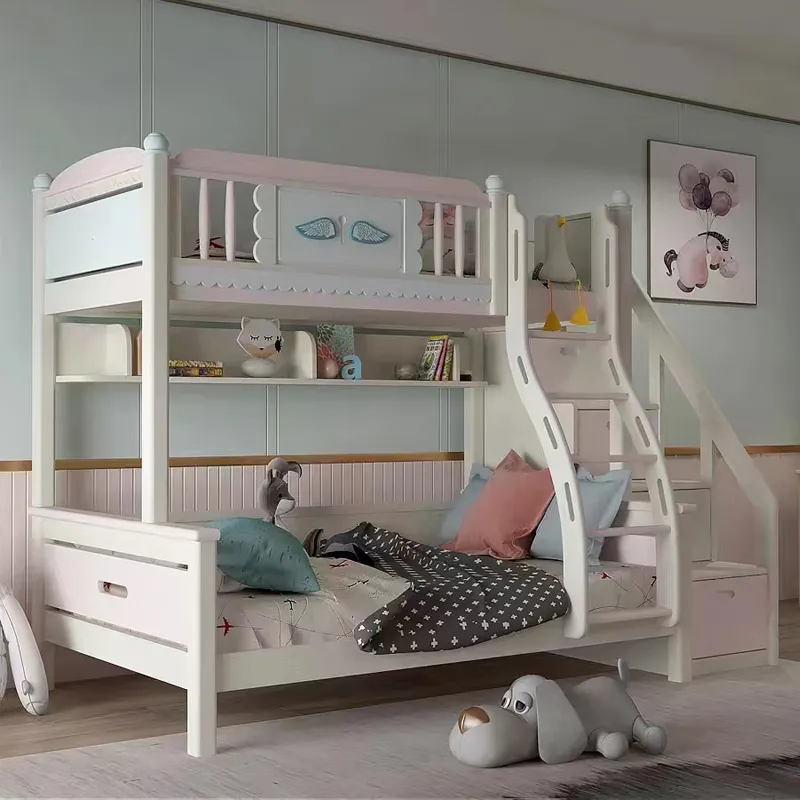 Letti a castello in legno massello per bambini rosa per ragazze Twin Over Full Size letto a soppalco con scale e cassetti