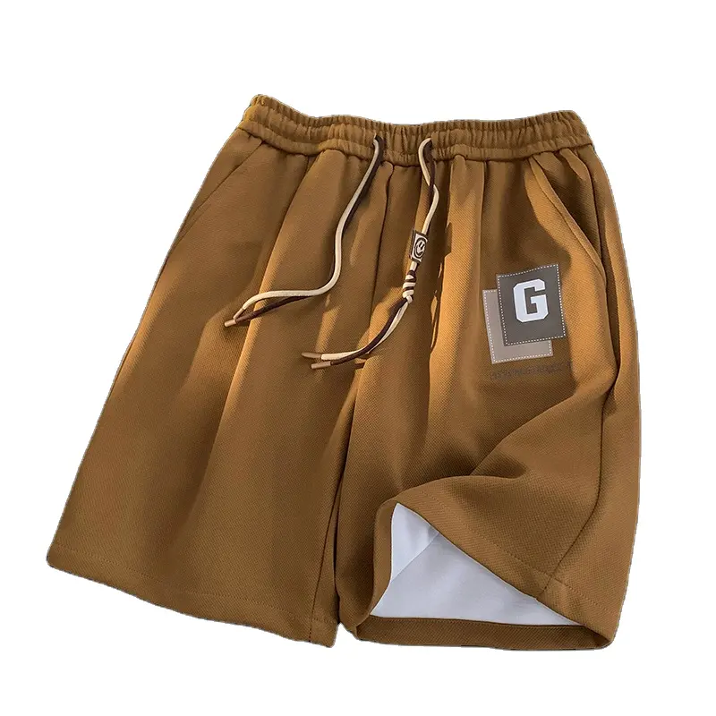 Shorts de seda composto de leite com grade de abacaxi 360 gramas com bolsos e cordão, shorts esportivos hip-hop casual com letras