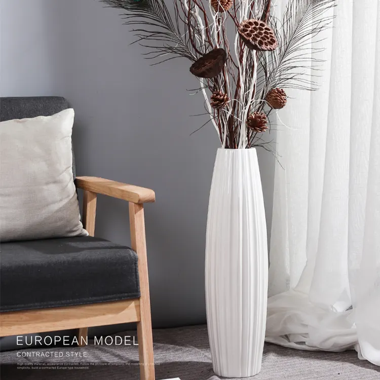Nordic Large Floor Ceramic Vase Big Large White Floor Line Flower Vase Ceramic For Rust Home Decor