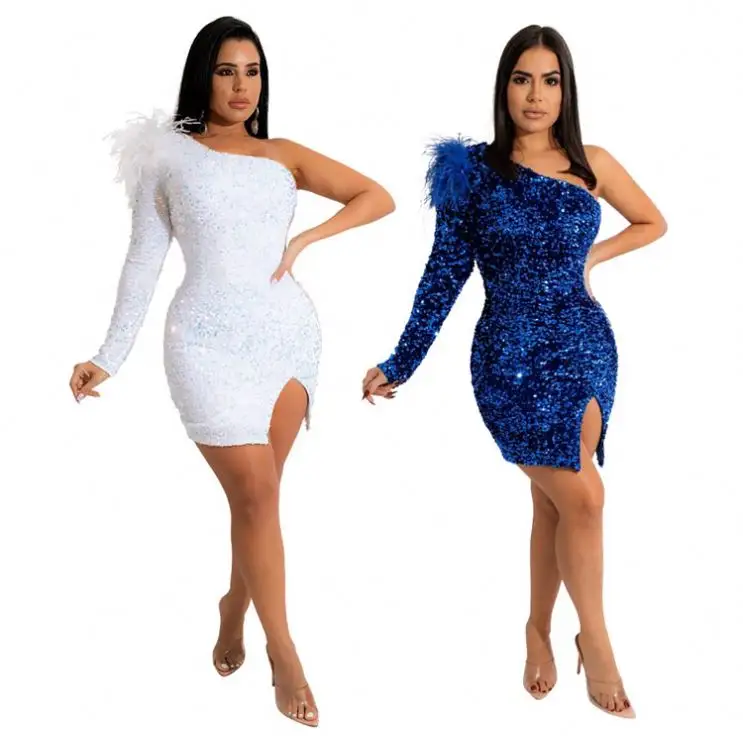 Good Quality Stylish Hot Sexy See Through Sexy Women Party Wear Sexy Bodycon One Shoulder Dress Sequin Evening Dresses