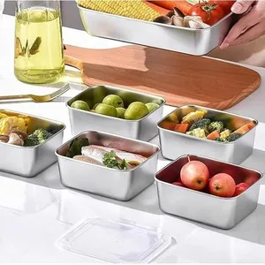 Contenitore per alimenti rettangolare in acciaio inossidabile personalizzato argento con coperchi sigillati Organizer frigorifero da cucina