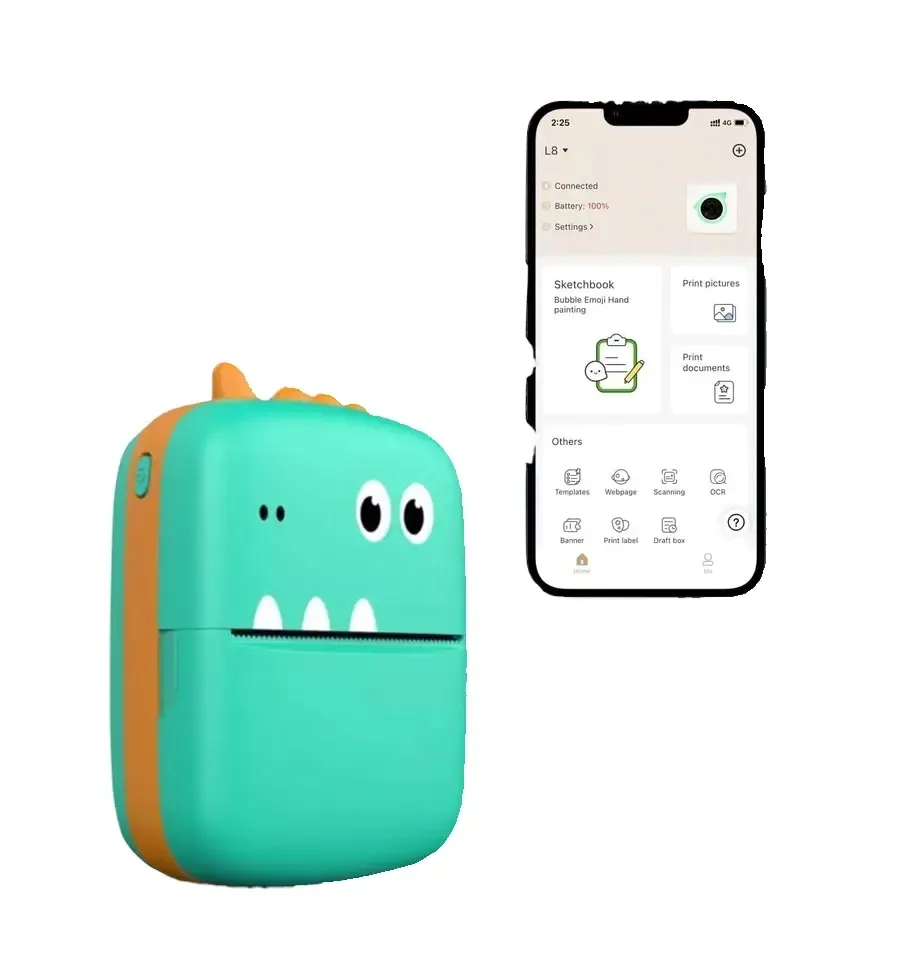 Dinosauro mini stampante senza inchiostro connessione wireless termica bluetooth stampa di etichette con testo