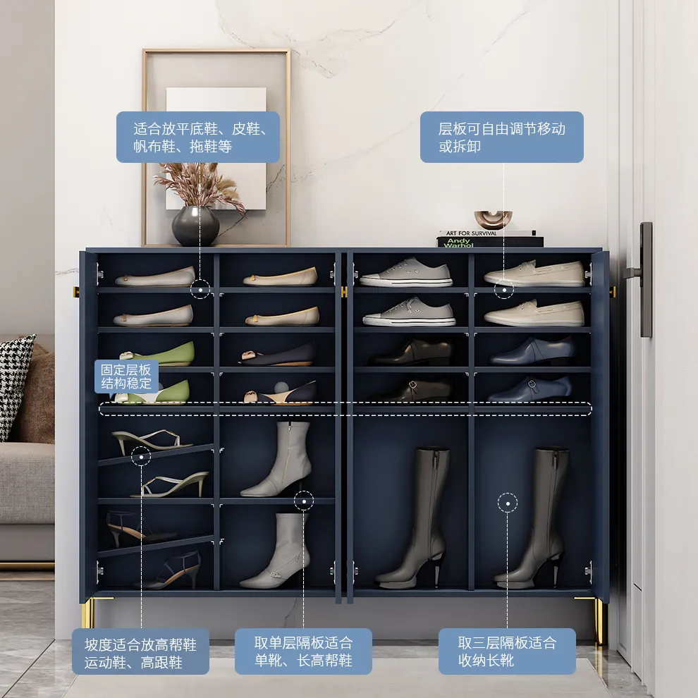 Armario de almacenamiento de zapatos de altura ajustable para pasillo y sala de estar, armario pequeño de madera azul, estrecho, extraíble, diseño moderno, 2022