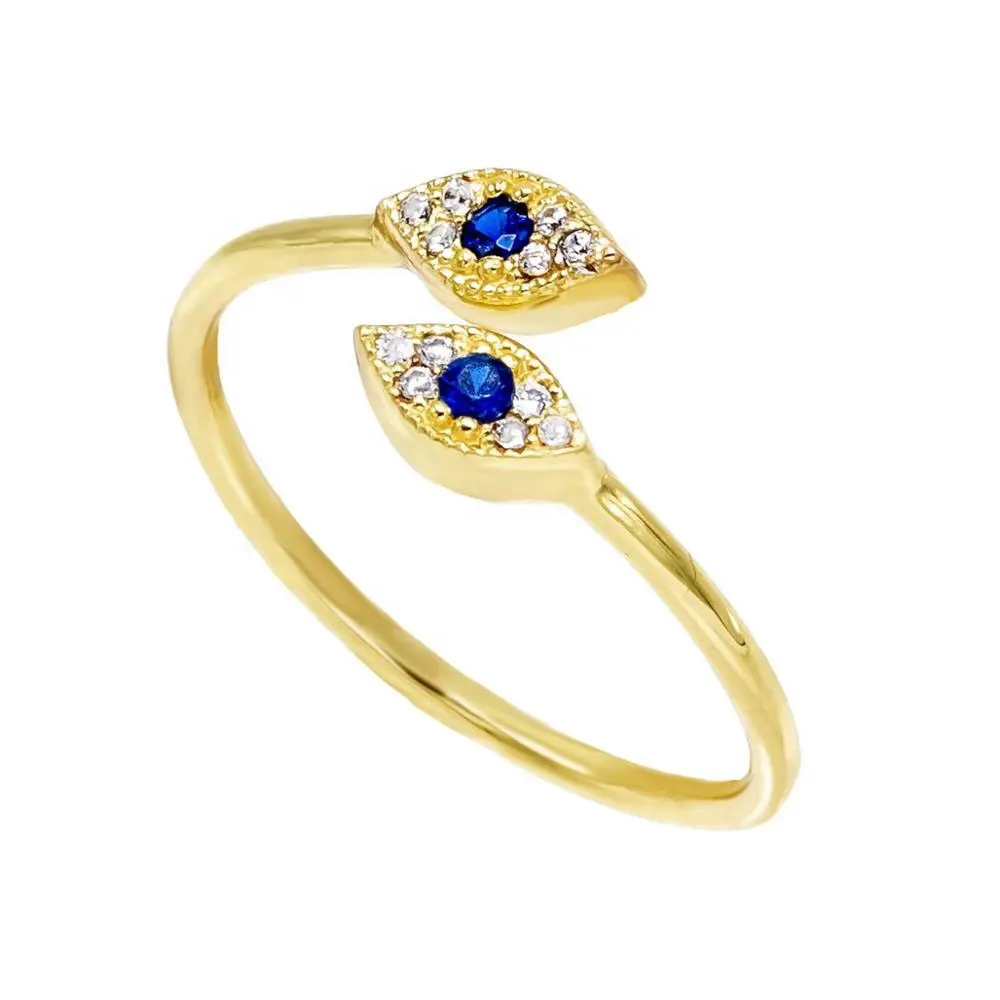 Joyería minimalista, oro de 18k, CZ, anillo de doble Ojo Azul, Plata de Ley 925