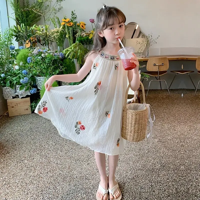 Summer 2024 Children Clothing New Style Halter Kids Sundress Embroidered Tulle Skirt Princess Dresses for Girls